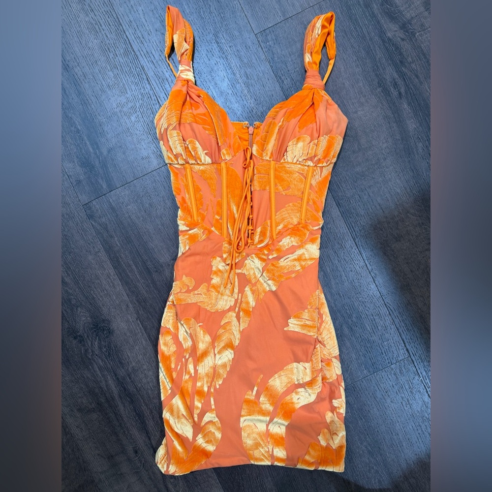 Orange Floral Lace-Up Bodycon Dress